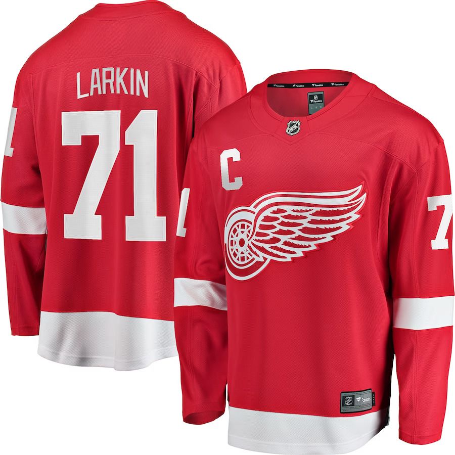 Men Detroit Red Wings #71 Dylan Larkin Fanatics Branded Red Home Captain Premier Breakaway Player NHL Jersey